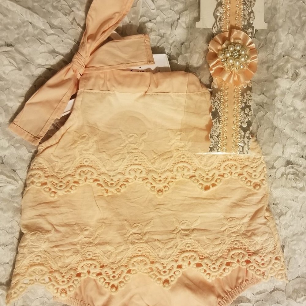 Peach Lace Baby Romper set